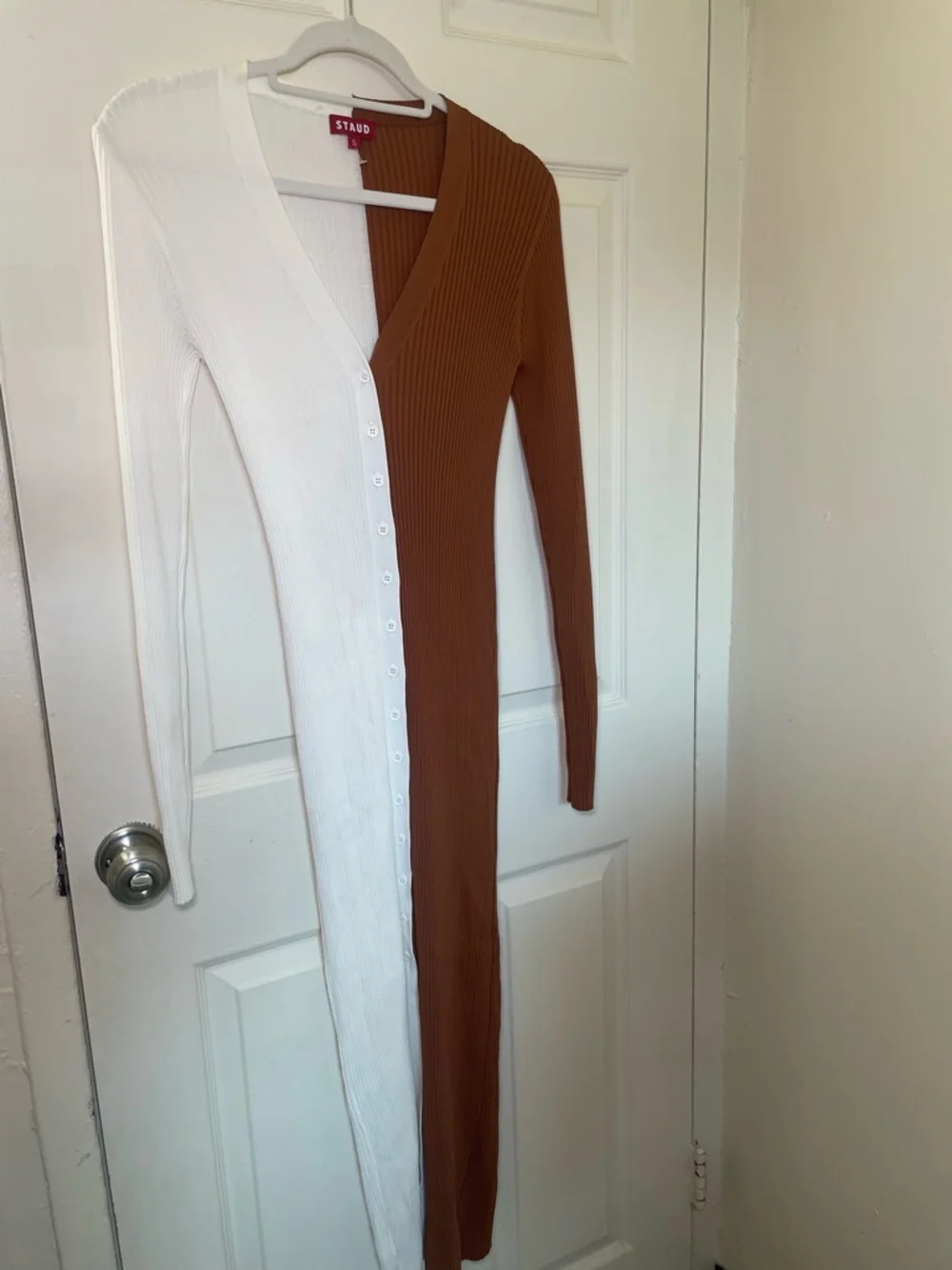 STAUD Two-Tone Ribbed Button-Front Midi Dress/Cardigan - White & Brown - Picture 2 of 5